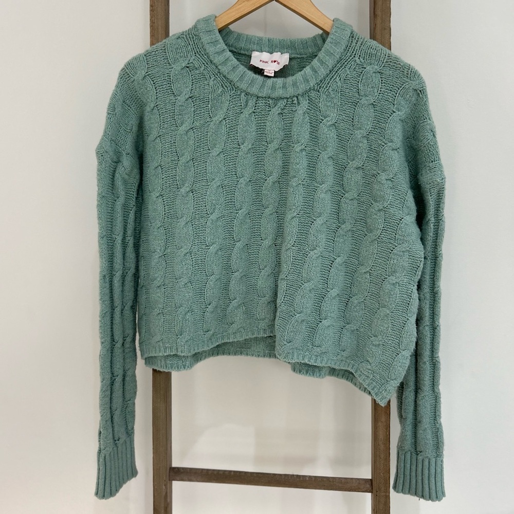 Pink Rose Teal Green Cropped Long Sleeve Cable Knit Sweater Size Medium New